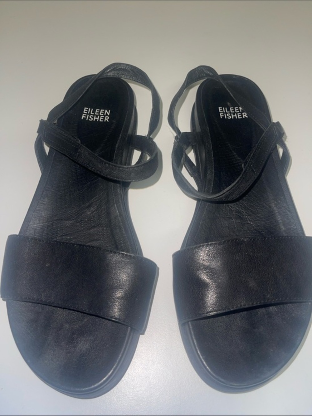 Eileen Fisher Black Leather Sandals with ankle strap 7 1/2